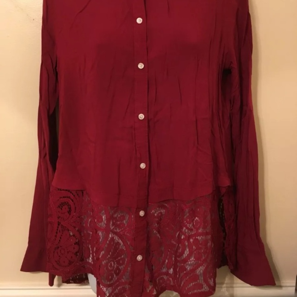 Hollister NEW Button Front Blouse Silky Lace Red